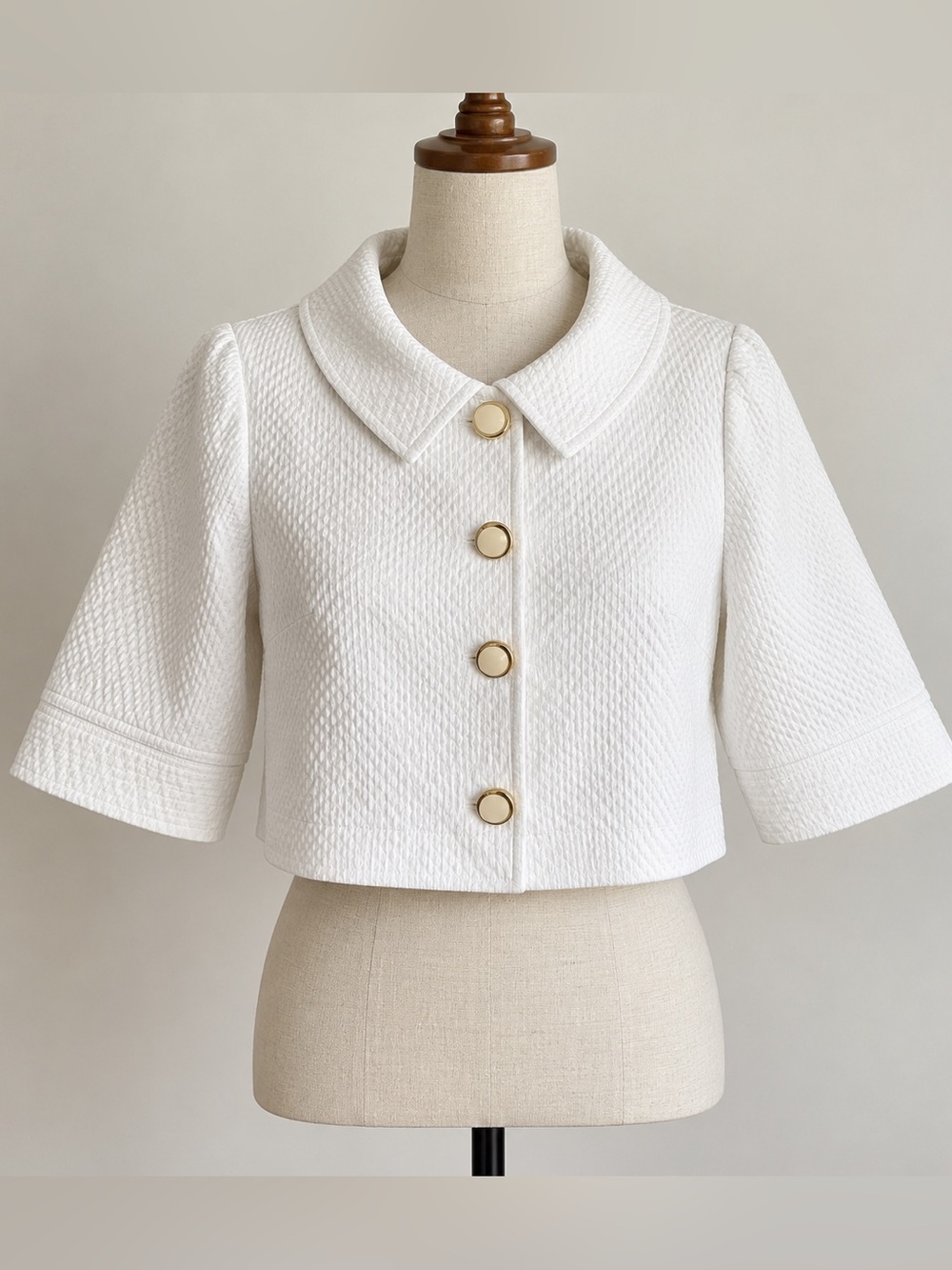 Donna Morgan White Cotton Cropped Jacket 16W Gold Buttons Retro Preppy